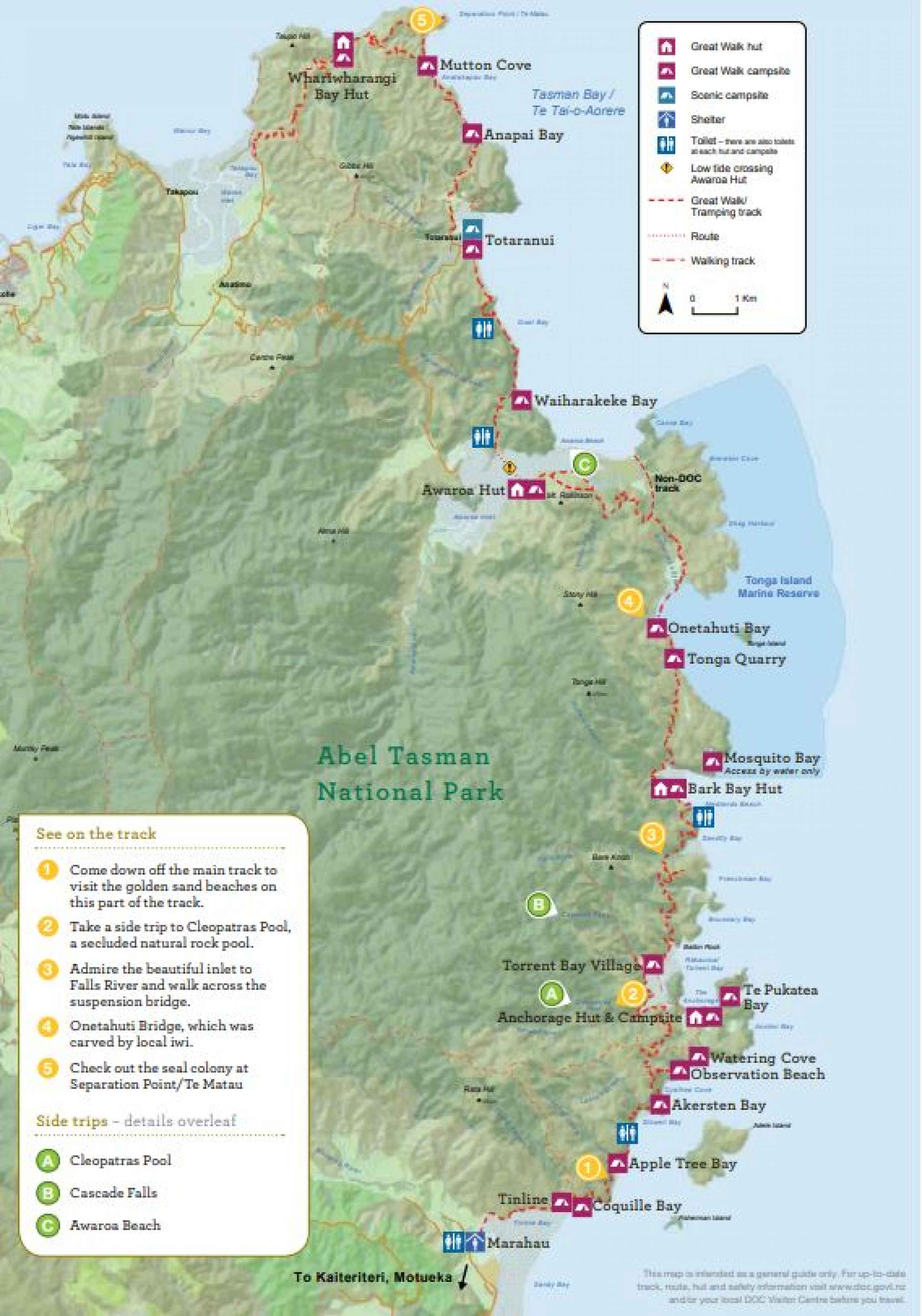 Carte de la randonnée Abel Tasman Coast Track en Nouvelle-Zélande